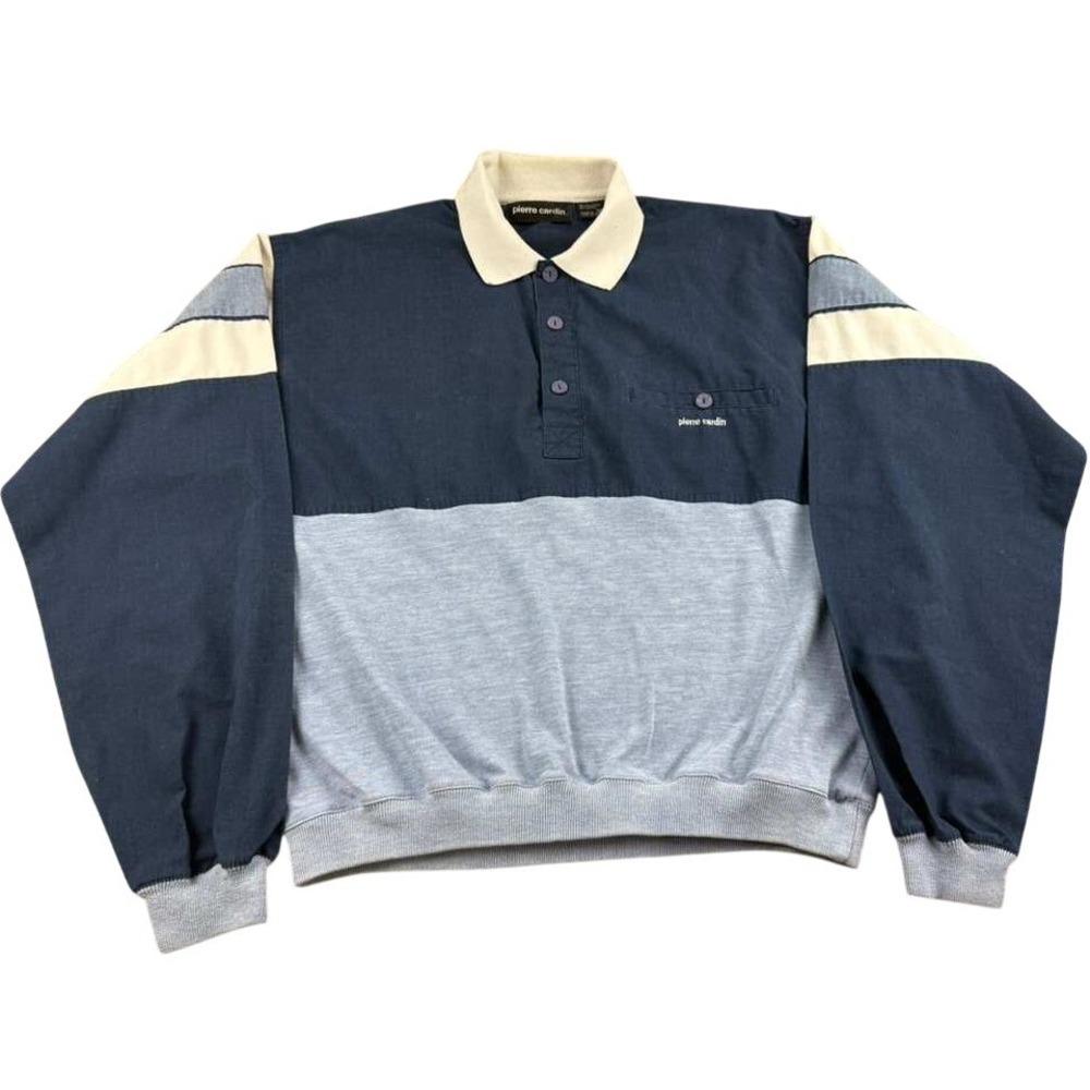 Vintage Pierre Cardin Sweatshirt Men M Blue Gray Collared Colorblock Logo Pocket
